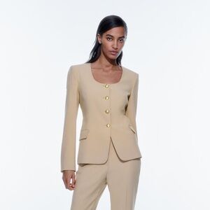 Zara Beige round neck blazer Retro Structured Size L Like New Tik tok